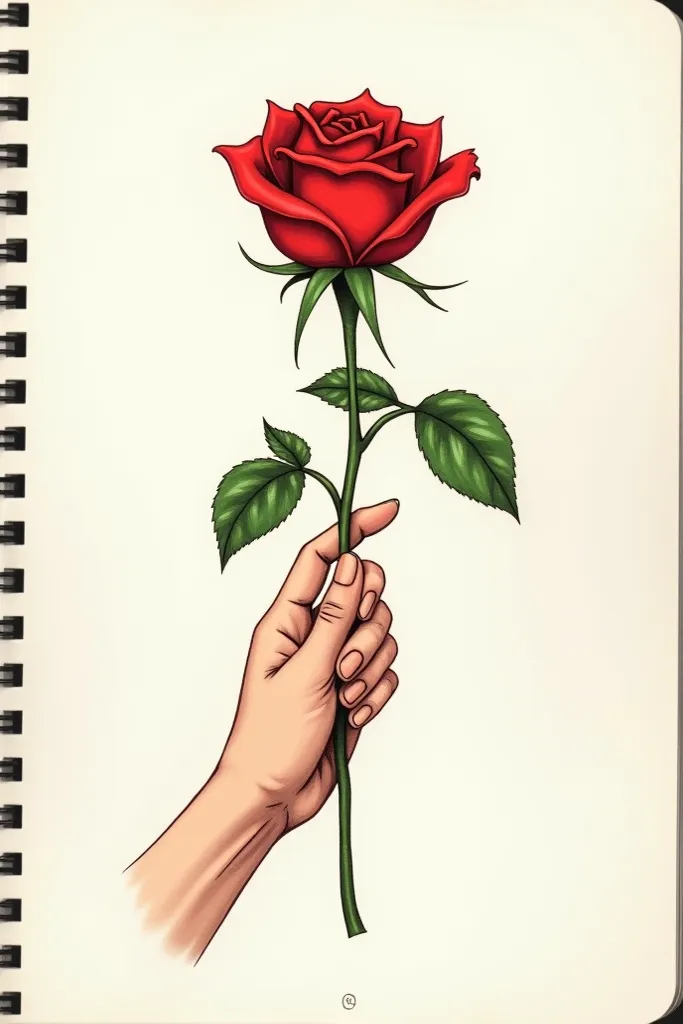 A realistic hand-drawn illustration of a delicate hand holding a single red rose by its stem, with the fingers gently grasping it. The hand is shaded softly, giving a natural skin tone, while the rose is vibrant red with green leaves. The background is pla...