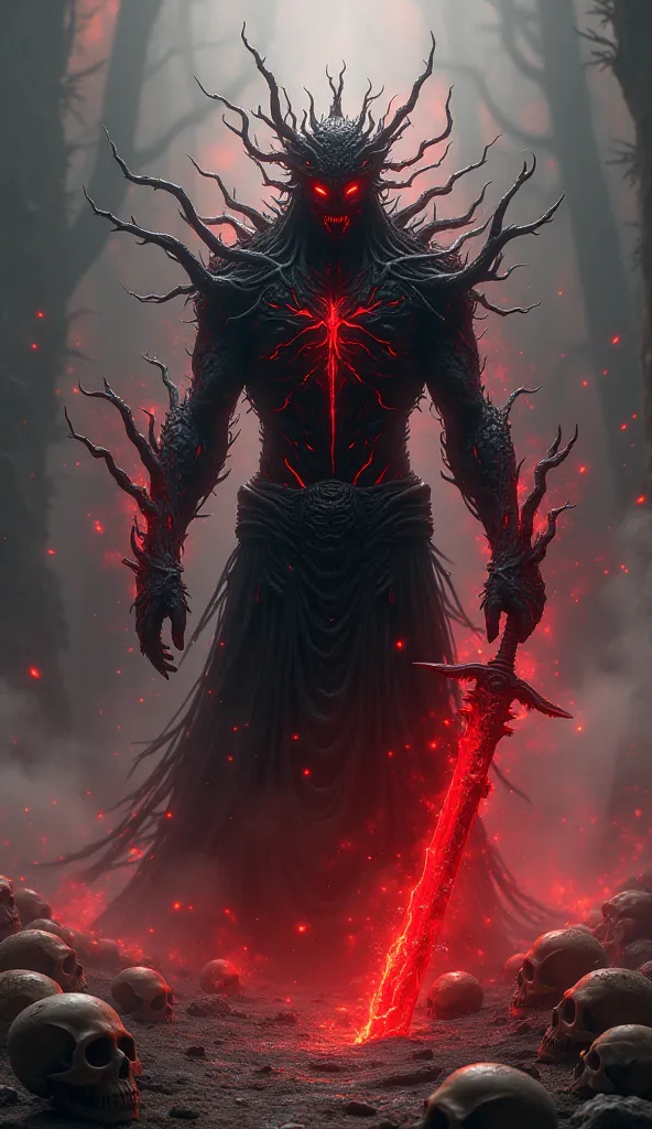 Create all-black character with tendons all over the body ,with red energy cracks across the body ,with a sword with blood in his hand ,in an environment full of skulls on the floor,with a black background and red smoke