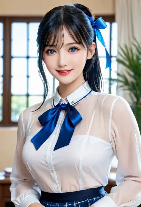 masterpiece, Top Quality, Hi-Res, very well detailed, detailed background,(Fraulein Chrome, ( black hair, semi-long hair, blue ribbon ponytail),(white sheer blouse, blue short ribbon knot , blue long skirt), ( small, Neat , dark eyes, soft skin textur...