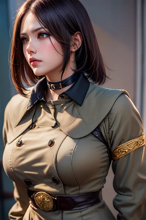 Beautiful woman, solo, long Brown Bob hair, Brown eyes, choker, makeup, Long gloves, belt, military uniform, realistic, detailed, MASTERPIECE, wonderful, beautiful body, half body, large breasts, serious face, bracelet, high resolution 