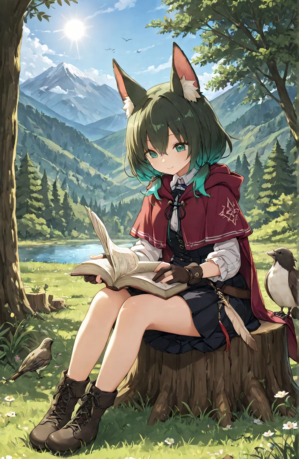 masterpiece, The best quality,, 1 girl, Sitting, animal, animal ears,  bird , negro_hair, book, bookmark, branch, Gloves, grass, green hair, supporting, supporting book, hood, hood down, move, mirando al espectador, multicolored hair, open_book, partially ...