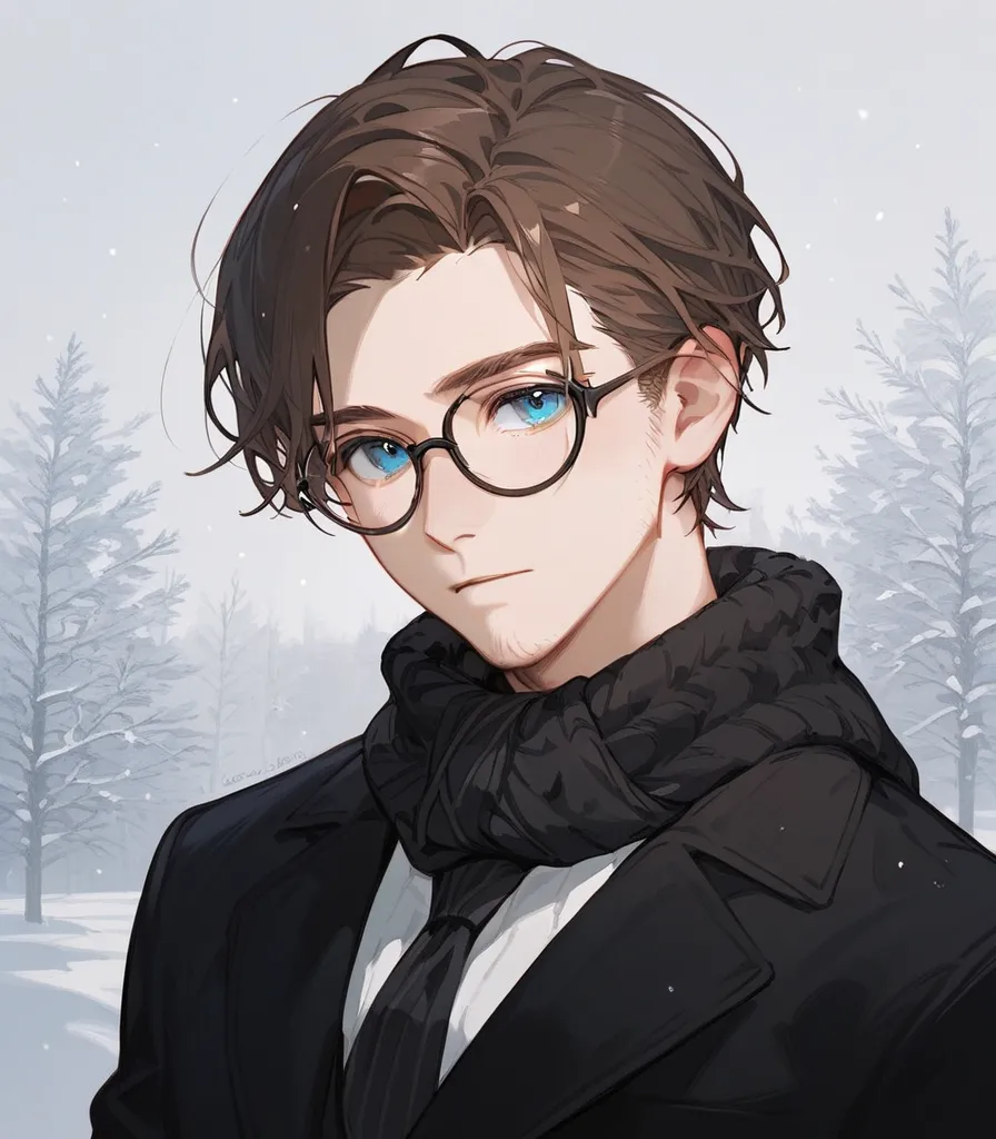 man,Uncle,Brown Hair, in blue eyes, gentle, wearing glasses, stubble ,winter,Hair lost ,slim,to,old,Black suit, Black Scarf ,