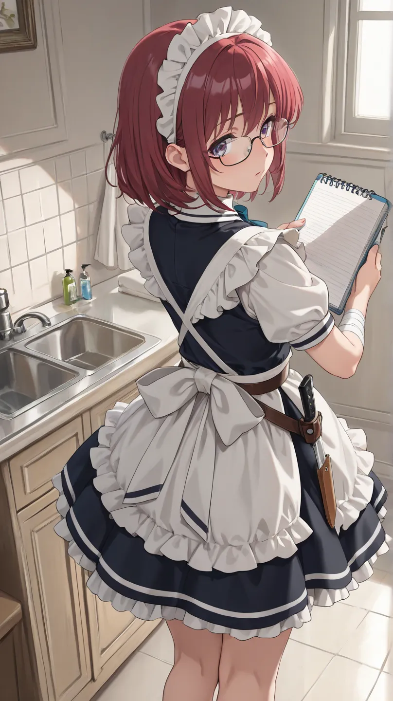 ((masterpiece,)) ((high quality,)), best quality, untreated, ultra detailed view, higher, 8k, An anime-style 15-year-old girl cleaning, depicted with a small stature, slightly sunburned skin, and reddish hair. She wears a classic maid outfit and large, mod...