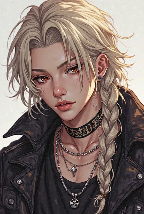 Adult boy, attractive and elegant wearing leather jacket, albino with abundant albino eyelashes,  brown eyes, parts, Thick, fleshy lips, long hair with a good gang member style, braids,  rings on the fingers, silver chain, brown eyes and very slanted eyes,...