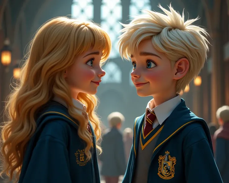 two agers around , A platinum blonde boy with sea blue eyes and a handsome young face smirk wearing ravenclaw uniform and a cute girl with brown eyes and honey blonde hair wearing Hufflepuff uniform