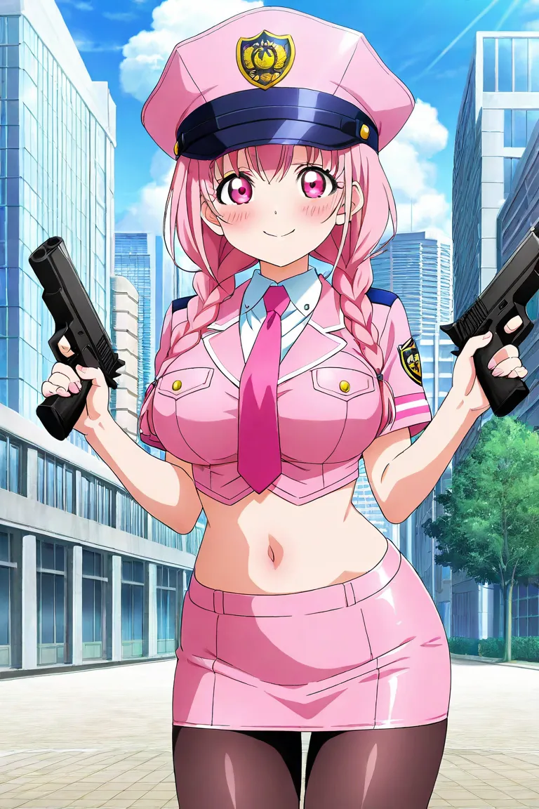 anime screencap, 1girl, solo, looking at viewer, cowboy shot, pink police uniform, crop top, midriff, navel, pink miniskirt, pink pencil skirt, pantyhose, pink police hat, pink necktie, pink hair, long hair, twin braids, pink eyes, large breasts, smile, bl...