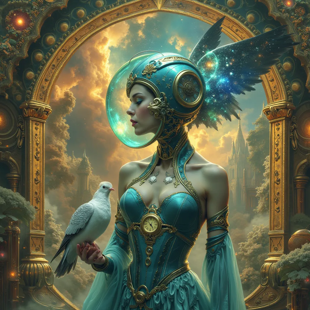 Painting of a woman with a blue green helmet with a slightly transparent visor inside which we see a galaxy and a blue green dress with a watch, inspired by Gaston Bussiere cathedral atmosphere, inspired by Vincent Lefevre with hyperrealistic Art Nouveau t...