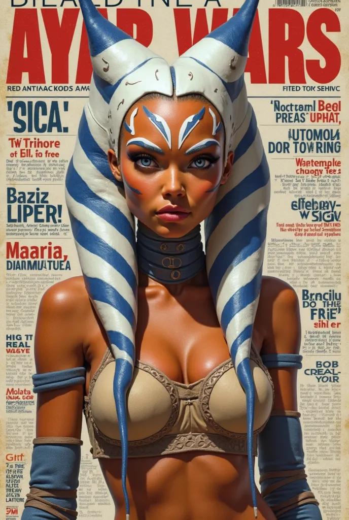 Aayla Secura Twilek Ahsoka from StarWars real hyperrealistic woman Hyperrealism as the protagonist of the cover and with background texts as if it were a real magazine.  outfit.  hyperrealism. live action magazine. huge breasts. Two trainees in the shape o...