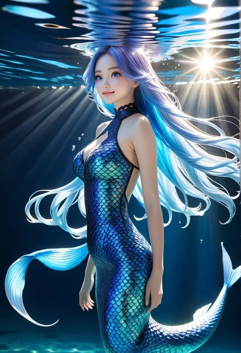 Underwater World ,  beauty,   young woman   , mermaid , full body ,  Smile at the lens ,  Big breasts ,  Striped Hair ,  Striped Hair   ,  Sky Blue Hair ,   long hair,   blue eyes, eye reflection,   Light trail ,  Reverse Swap ,   blurry, Fluorescent light...