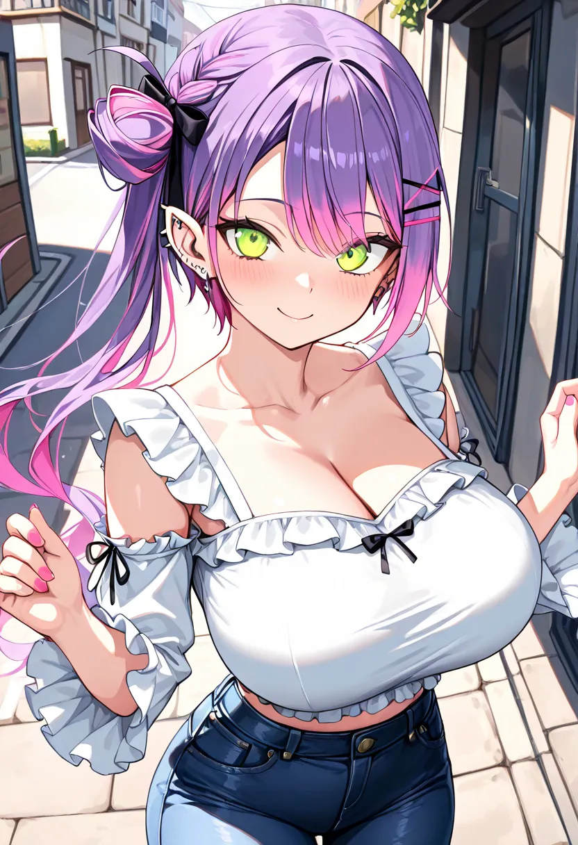 (Best Quality , 8k , masterpiece , incredibly absurdres , perfect body , super detailed skin , highly detailed eyes and face , 1 woman ) , tokoyami towa , purple Hair , Green eyes , smile ,  will be happy , ( Ruffled sleeve top,  tight jeans , street : 1.2...