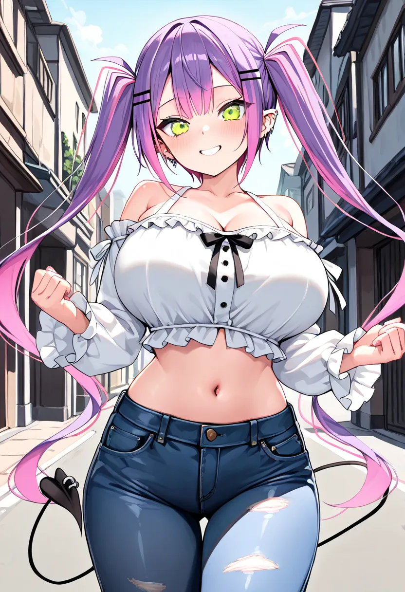 (Best Quality , 8k , masterpiece , incredibly absurdres , perfect body , super detailed skin , highly detailed eyes and face , 1 woman ) , tokoyami towa , purple Hair , Green eyes , smile ,  will be happy , ( Ruffled sleeve top,  tight jeans , street : 1.2...