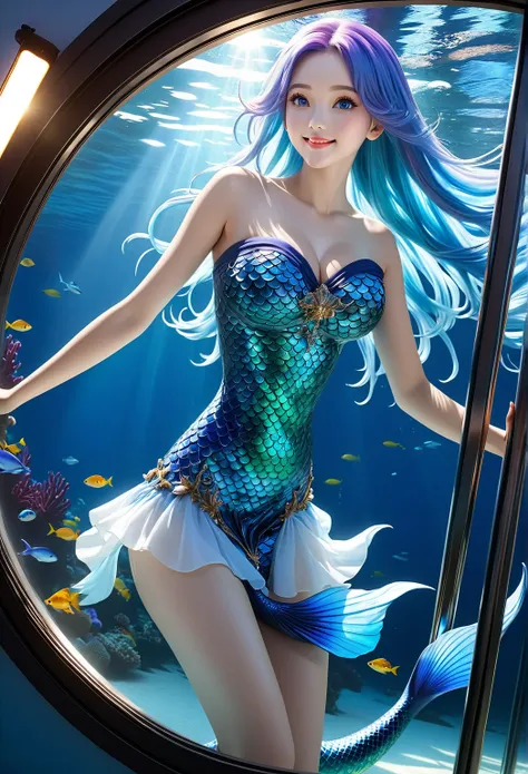 Underwater World ,  beauty,    young woman    , mermaid , full body ,  Smile on the Lens ,  Big Breasts ,  Striped Hair  ,  Striped Hair    ,  Sky Blue Hair ,    long hair,    blue eyes, eye reflection,   Light rail  ,  Reverse Swap  ,    blurry, Fluoresce...