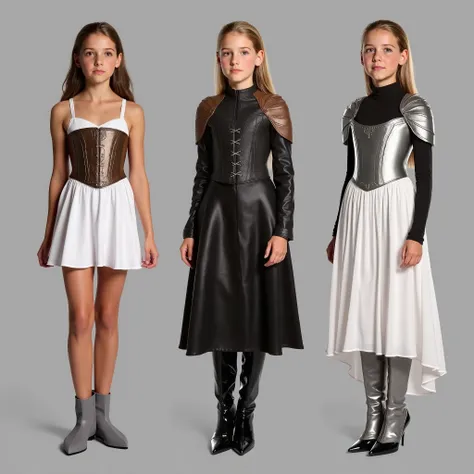 The same young girl is standing exactly full length in the image, dressed in three types of robes, 1 type - dressed in a short white skirt with a leather corset, grey shoes, 2 type - dressed in a black satin dress with a cut out on the leg, bronze corset, ...