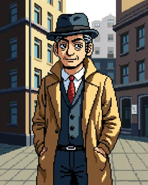 pixel character, pixel_art character, middle age man, looking at viewer, trench coat, hat, shirt, necktie, outdoors,  building, (masterpiece, best quality:1.2) 