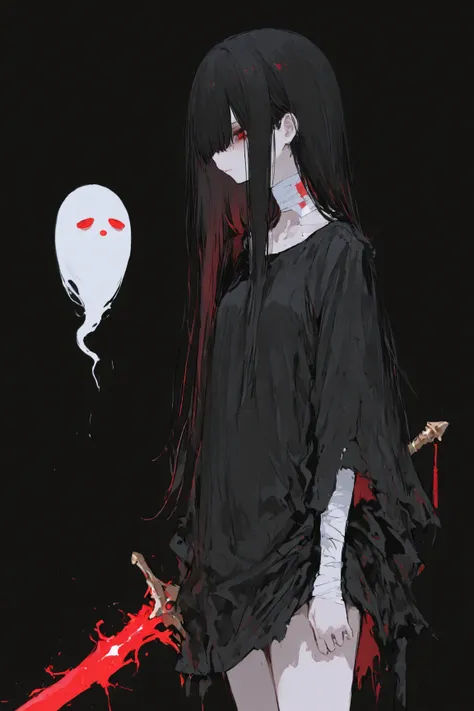 long black hair that flutters in the wind,sick and cute,Dress up,gently lowers the other hand,Bandage on neck,red eyes,Standing quietly,putting a demon sword wearing a ghost on her lower back,The background is a few lanterns on a black background。woman has...