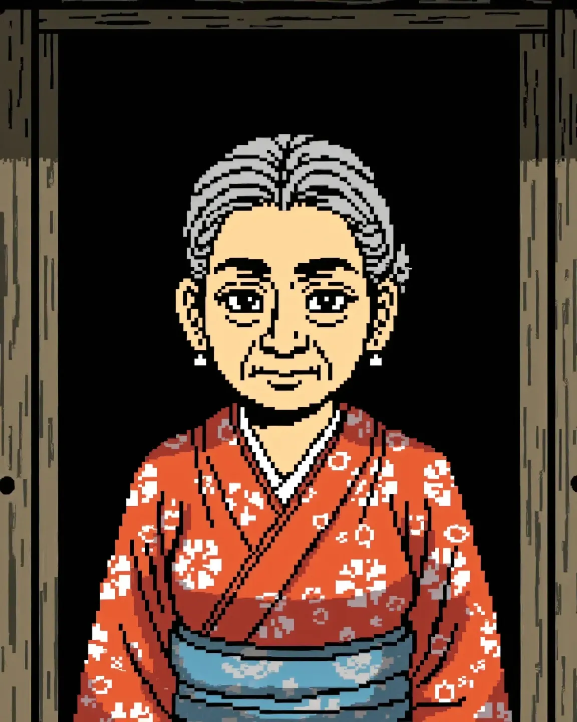 pixel character, pixel_art character, old woman, looking at viewer, kimono, earrings, hair tied back, shed,  (masterpiece, best quality:1.2) 