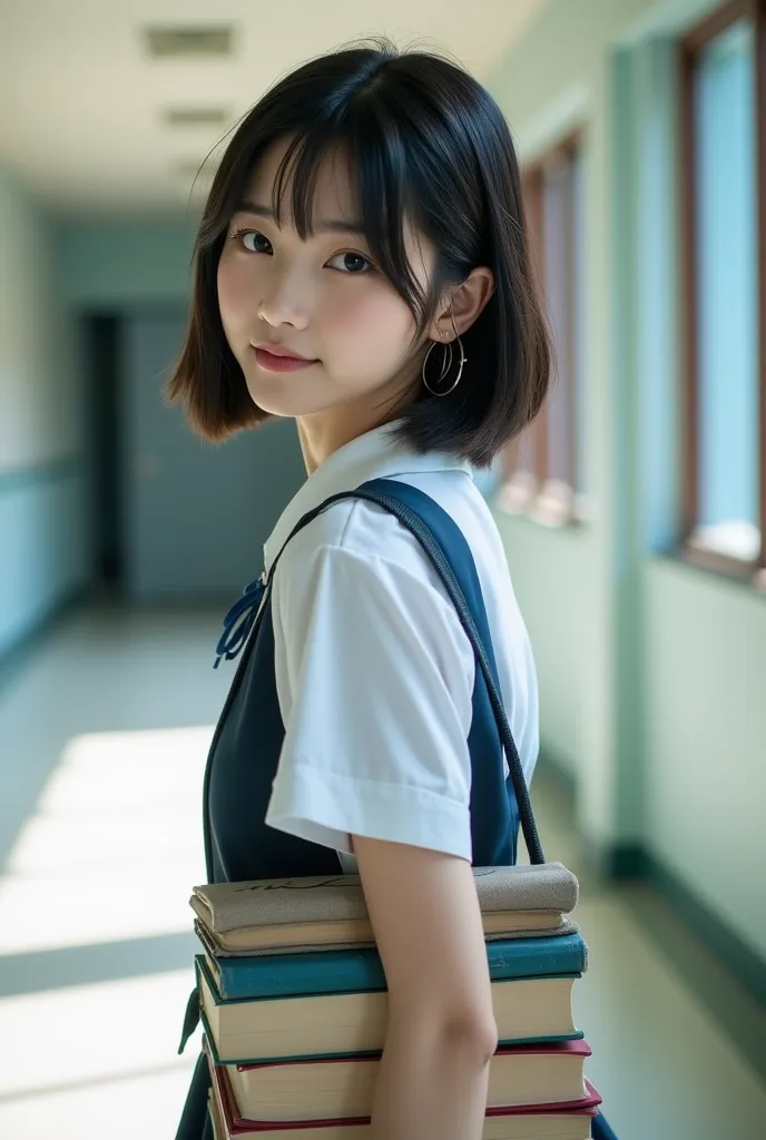 A photo of a beautiful Japanese actress taken for a promotional video. . Shooting data: Full-frame digital camera, 50mm, f14.1/125sec, iso100, daylight 1girl,17yo smile Bobcut　big eyes　round face　A high school girl, in uniform, carrying two textbooks, movi...