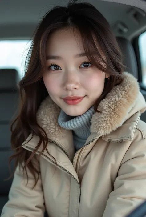  a beautiful Asian woman , detailing all parts of the body,   with expressive eyes, sports figure, luxury bust, With a sweet smile,  with long brown hair, in a beige winter jacket, High detail,  drawing small details,  play of light and shadow , photoreali...