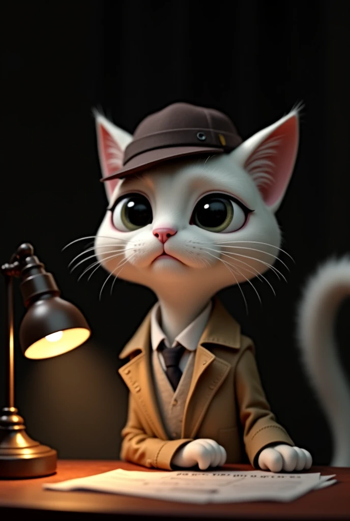 A tall, elegant cat with white fur and expressive eyes enters the office of a detective cat. Detective , with beige trench coat and brown hat,  tribe observes her with interest . The office is dark and messy, with papers and a dim lamp. The cat has a distr...