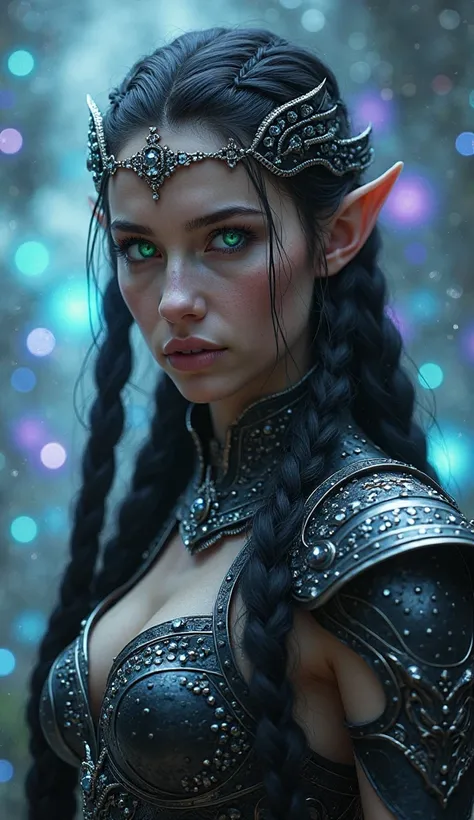 To generate a similar image, you could try using the following prompt:

Prompt Idea:
"A beautiful, ethereal elf warrior with long, black braided hair, glowing green eyes, and pointed ears. She wears intricately designed black and silver armor adorned with ...