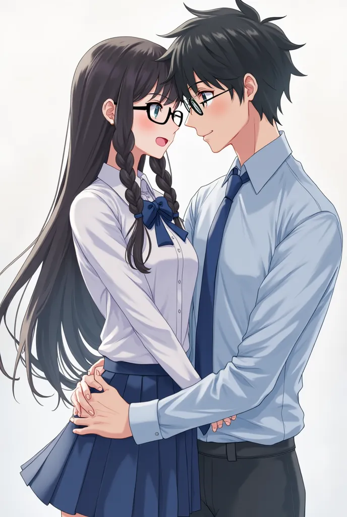 Anime man 1 man black hair black eyes wearing glasses tall wearing light blue long-sleeved shirt tie blue tie holding 1 girl girl girl wearing black eyeglasses 2 braids white long-sleeved shirt color blue school skirt girl shirt with blue bow women With me...