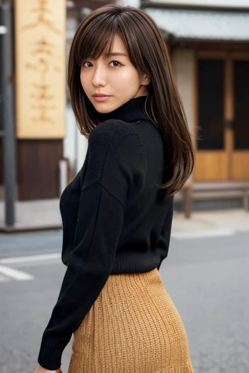 Product quality, 1 girl, Cowboy Shot, Front view, Young and pretty girl in Japan, At night, Wearing a black knitted turtleneck sweater, Wearing a mini skirt, Super cute face, Glossy Lips, Double eyelids on both eyes, (Natural Makeup), shiny smooth light br...