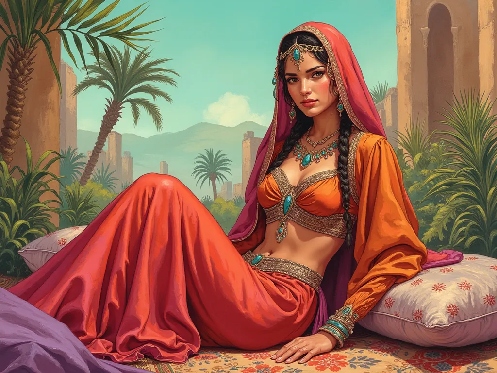 the detailed proportions and textures brushed multicolored and softened with airbrush, a semi-realistic Chinese ink illustration of a beautiful and exotic young traditional Moroccan-Arab princess (highly detailed full body and shy pose, perfect face, innoc...