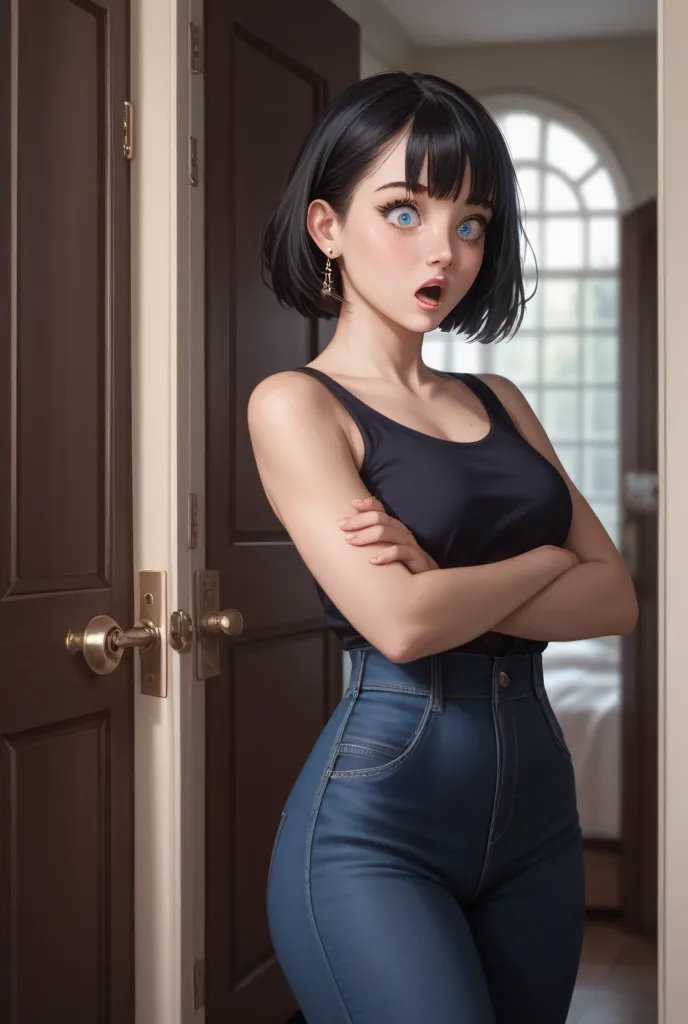 An anime girl with short shoulder length black hair,fringe,blue eyes,white skin,thin waist and big butt and chest, Answering the door