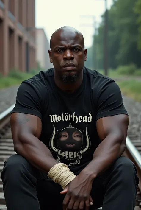 Generate an image of me a black man with my bald face without a cap sitting on the train line , with legs and arms tied with the motorhead t-shirt in front of the camera 