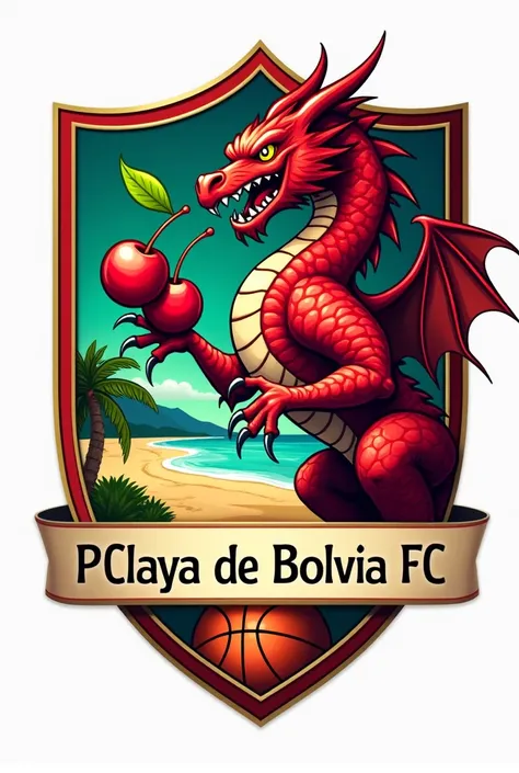 "Design a heraldic and elegant basketball shield logo for a team called 'Playa de Bolivia FC; inspired by the style of Wales FC's emblem. Include: a powerful red
dragon (like the one on the Welsh flag), giant cherries as a central and prominent
element (be...