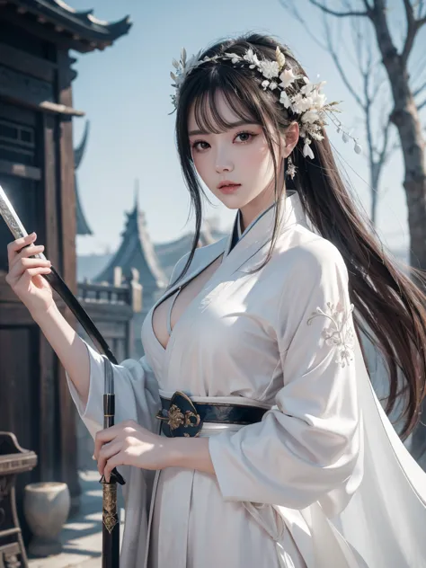 a close up of a woman with a sword in a white dress, a character portrait by Yang J, trending on cgsociety, fantasy art, beautiful character painting, artwork in the style of guweiz, guweiz, white hanfu, flowing white robes, full body wuxia, epic exquisite...