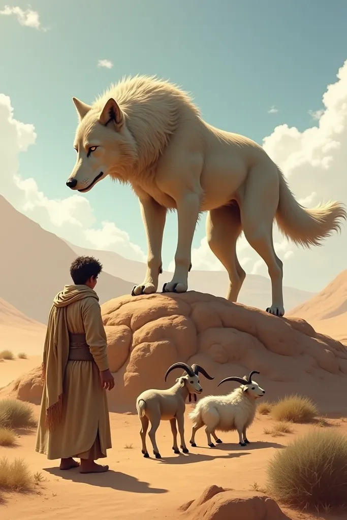 A wolf stands on a desert hill and a 25-year-old shepherd boy stands in a field. There is a baby goat in the herd and the shepherd is terrified when he hears the wolf's voice.