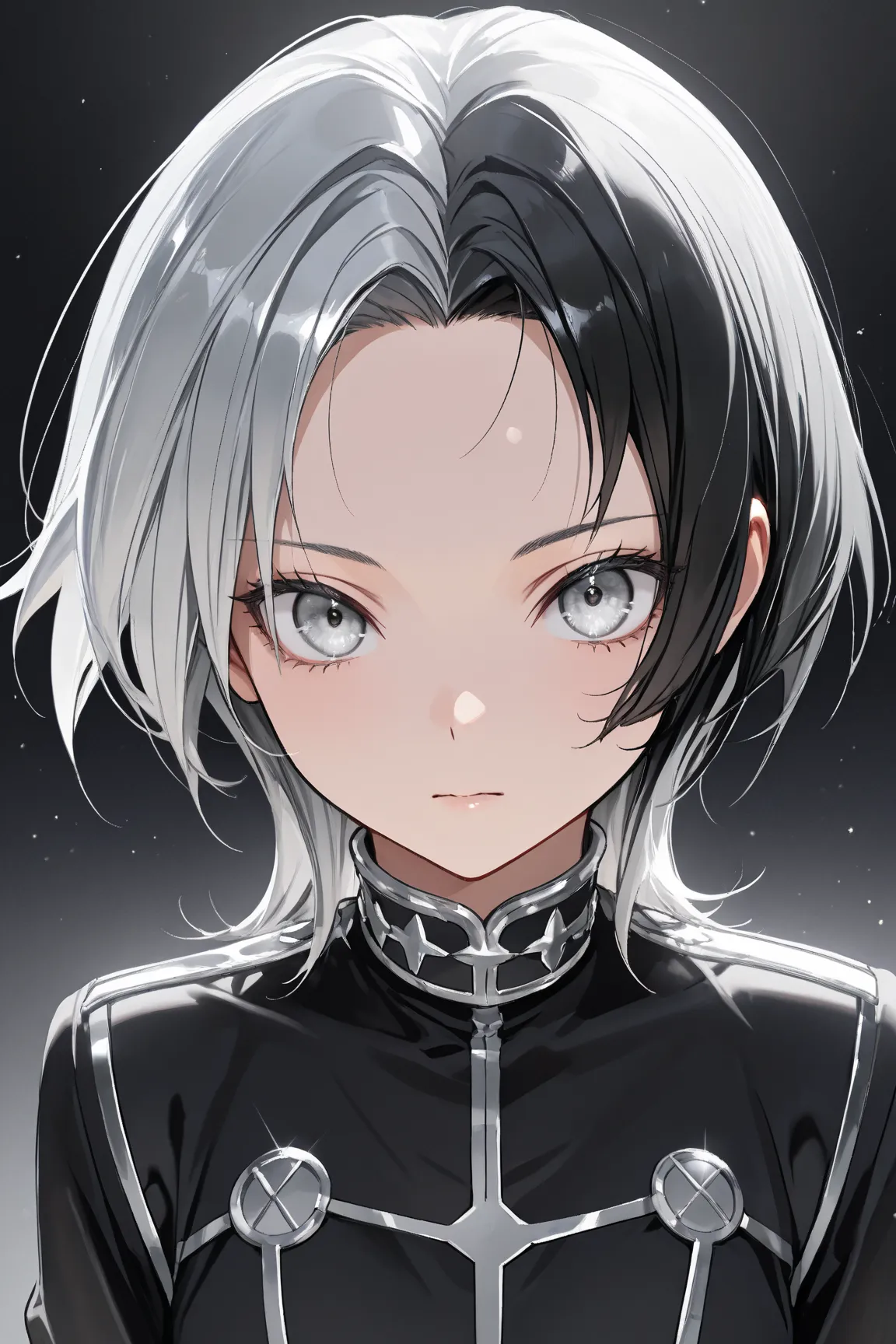   masterpiece, Top Quality ,  best image quality, focus on the face, focus on the upper body,  ((one girl)), ((brilliant black hair)), ((Only the bangs are silver)), (( silver hair)), ((Forehead Silver)), wolf cut hair,  ((Silver Eyes)),  beautiful eyes, b...