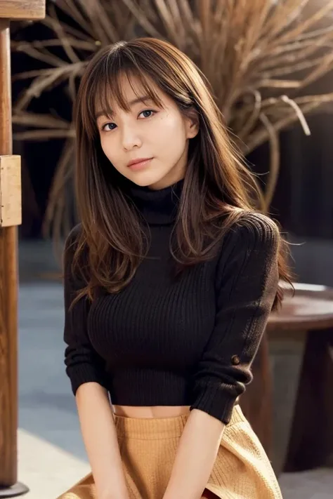 Product quality, 1 girl, Cowboy Shot, Front view, Young and pretty girl in Japan, At night, Wearing a black knitted turtleneck sweater, Wearing a mini skirt, Super cute face, Glossy Lips, Double eyelids on both eyes, (Natural Makeup), shiny smooth light br...