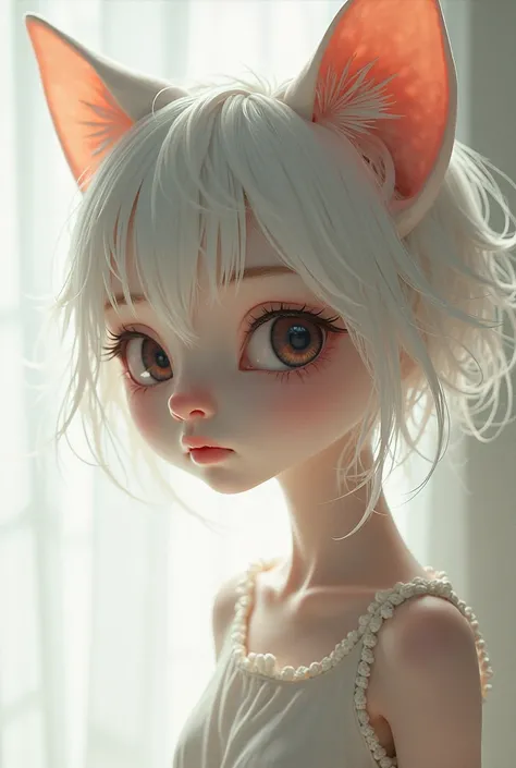 Fille neko nue, peau blanche, image claire, yeux tristes, petit sourire,