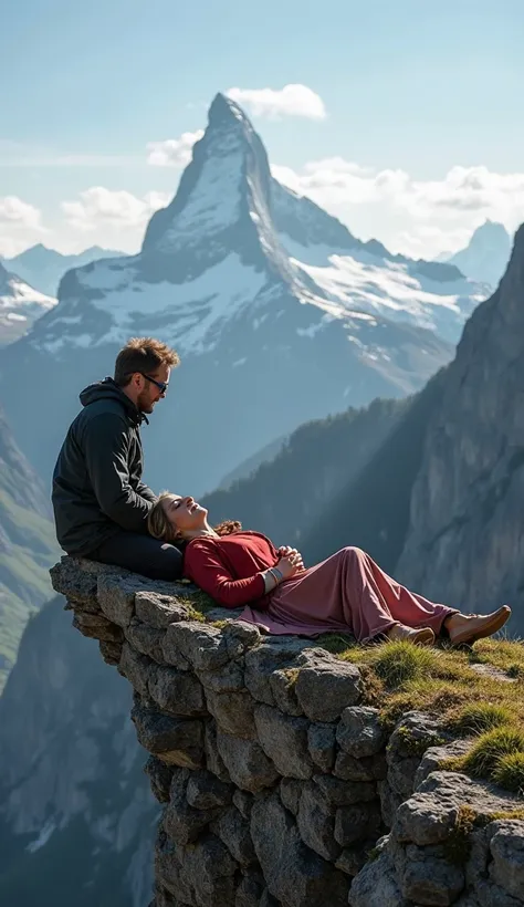 a 35-year-old man sitting on the edge of a gorge in the Swiss Alps. a beautiful woman is lying with her head resting on the man's thighs. they are both talking very happily. beautiful image of the Swiss Alps. In the background you can see Mount Matterhorn....