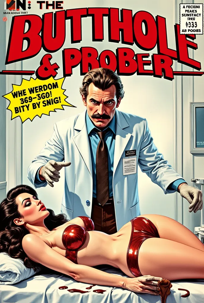 Retro comic book cover, “THE BUTTHOLE PROBER”, doctor facing viewer, putting on elastic gloves, examination room, a sexy woman wearing retro underwear sits on the exam table,  chocolate syrup on her legs and butt, , classic comic book font, show price and ...