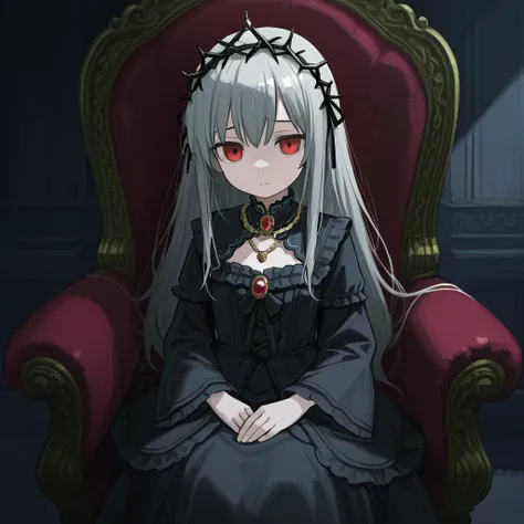  a , girl, wearing a, Sitting in an armchair, gothic dress, black dress, long hair, gray hair, red eyes,A golden necklace, A crown of thorns, black crown,