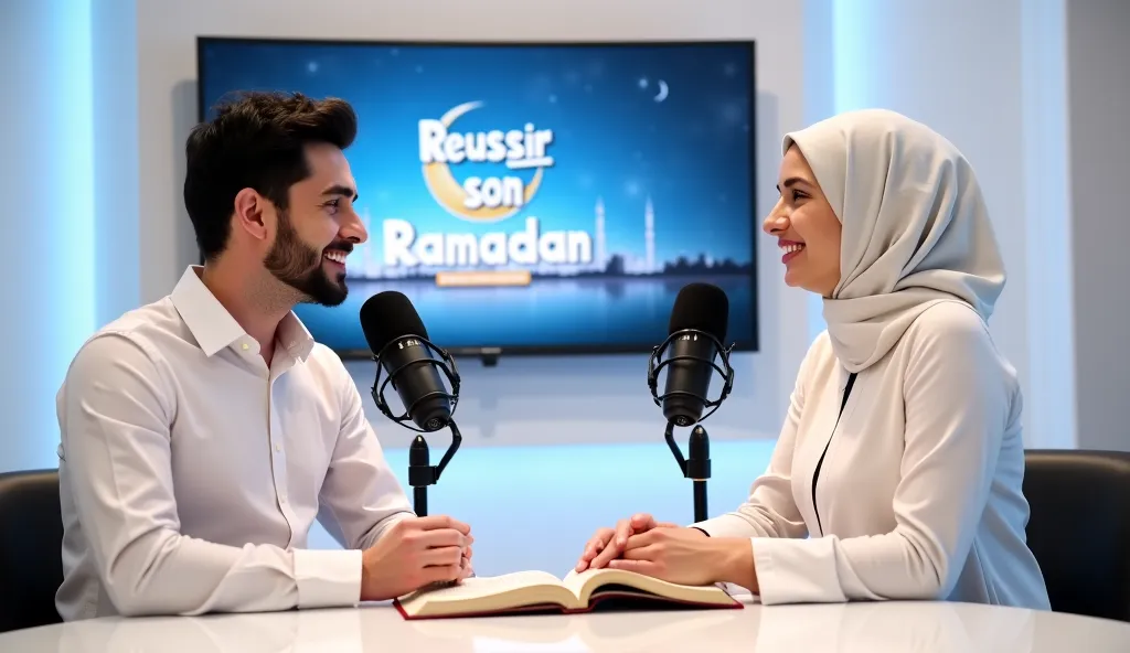 Description de l’image pour l’émission "Réussir son Ramadan" – Chaîne YouTube Harmonie Islamique

Cadre : Un studio de podcast lumineux et épuré, aux tons blancs et dorés. En arrière-plan, un écran affiche le titre "Réussir son Ramadan".

Les prêcheurs : U...