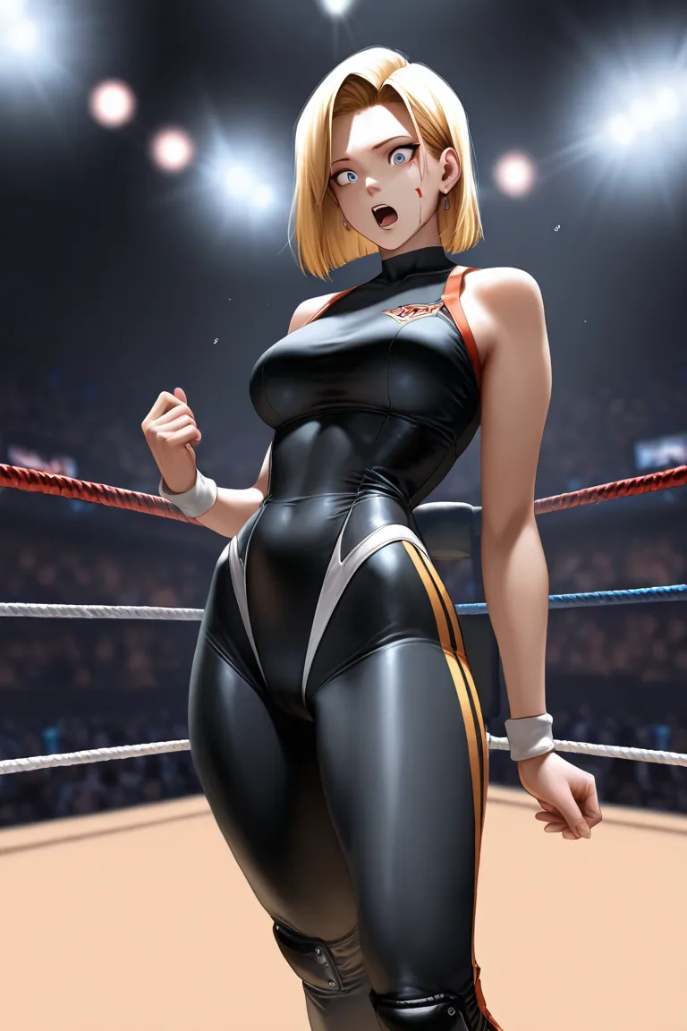 Android18 Japanese professional wrestlers, surprised,Cross the top of the 3 strings strung in a professional wrestling ring,I'm riding a rope under my crotch,A rope that slides relentlessly into secret crevices, My crotch is stained with blood ,Absolute De...