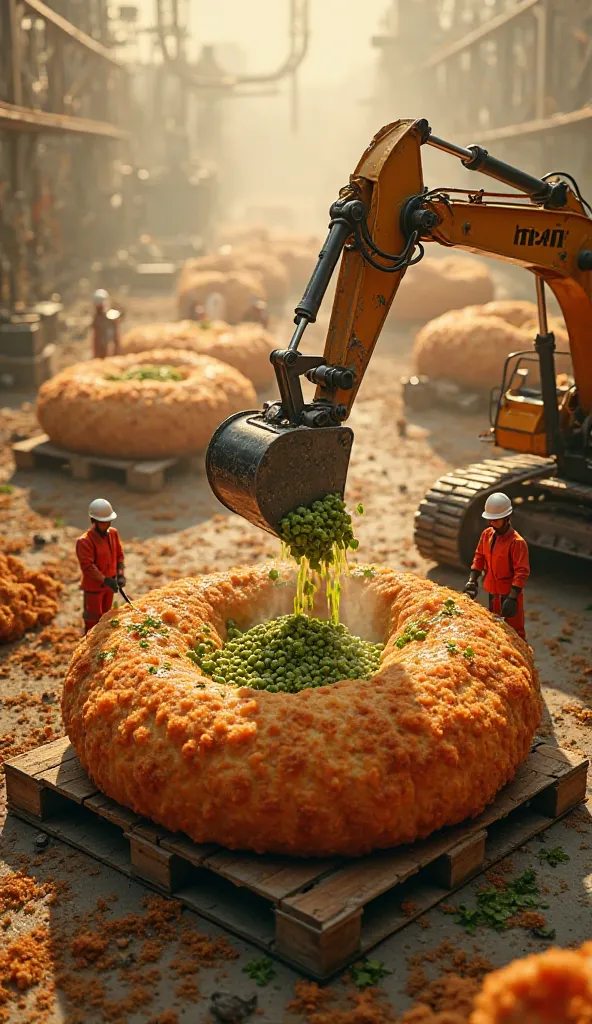 "A hyper-realistic, ultra-HD 8K drone-view image of a surreal food construction site where gigantic, crispy bread pakoras are being prepared. The scene is set in an industrial yet artistic environment, with warm golden sunlight filtering through a hazy atm...