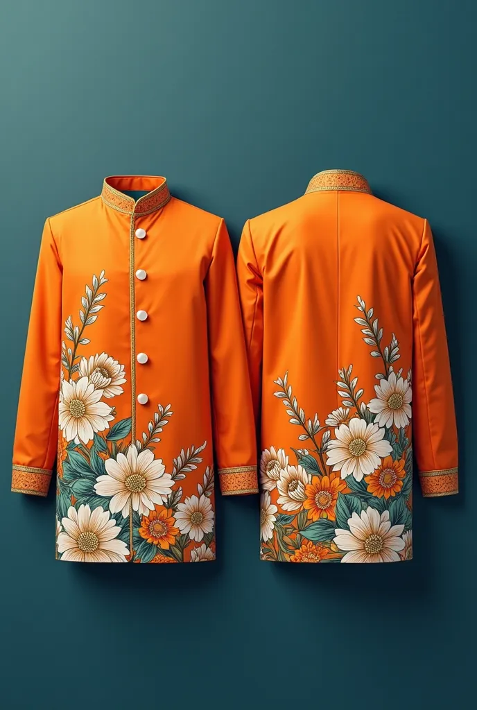 Hari raya envelope design in a man and a woman wear orange jackets, front and back views, depicted in a flat lay style.  Ornate, floral designs in shades of white, teal, and gold adorn the lower portion of the jackets.  The jackets display  floral motifs w...