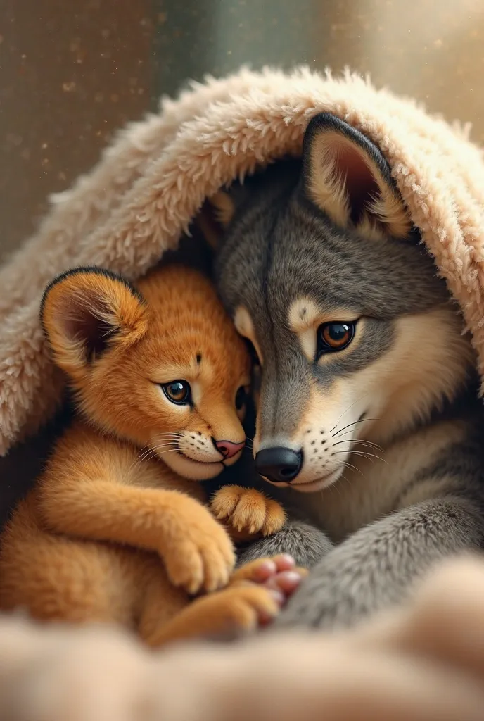 A baby lion and a wolf under the blankets