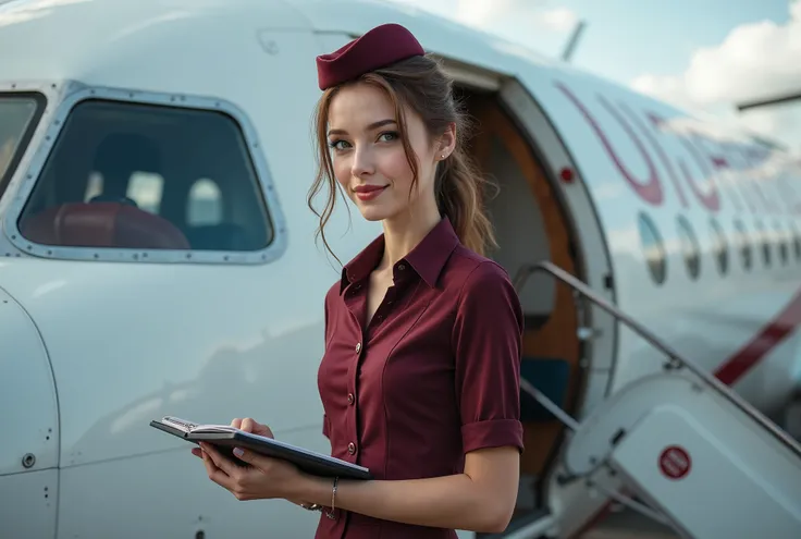 High quality, high definition photo of a very beautiful slender young stewardess conductor stands near the plane trap with notepad in her hands and light smiles. 1 girl. Sexy. Beautiful gray eyes, light makeup. A very short sexy skirt. The photo is of high...