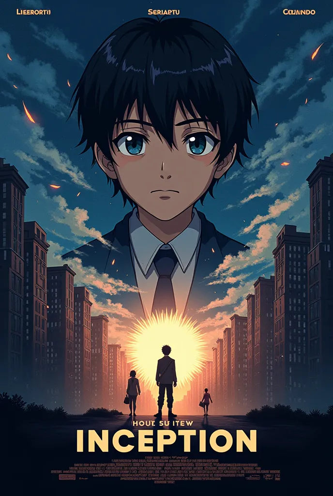 The 2010 film, Inception, in an anime style movie poster where the title is clearly seen like in the actual movie poster. Show the main character played by leonardo and some other important characters. Must includr the buildings ij the background, showing ...