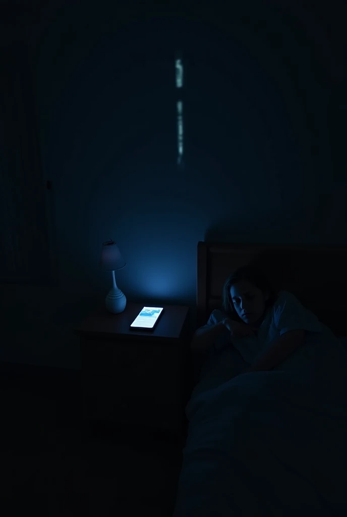 A dimly lit bedroom at midnight. A smartphone on a nightstand lights up with a notification. The phone screen glows in the dark, illuminating a young girl’s face as she wakes up. The room has a mysterious, eerie atmosphere with shadows on the walls, a slig...