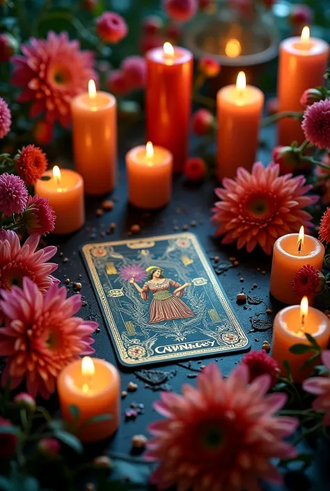 Tarot card candles and beautiful flowers 