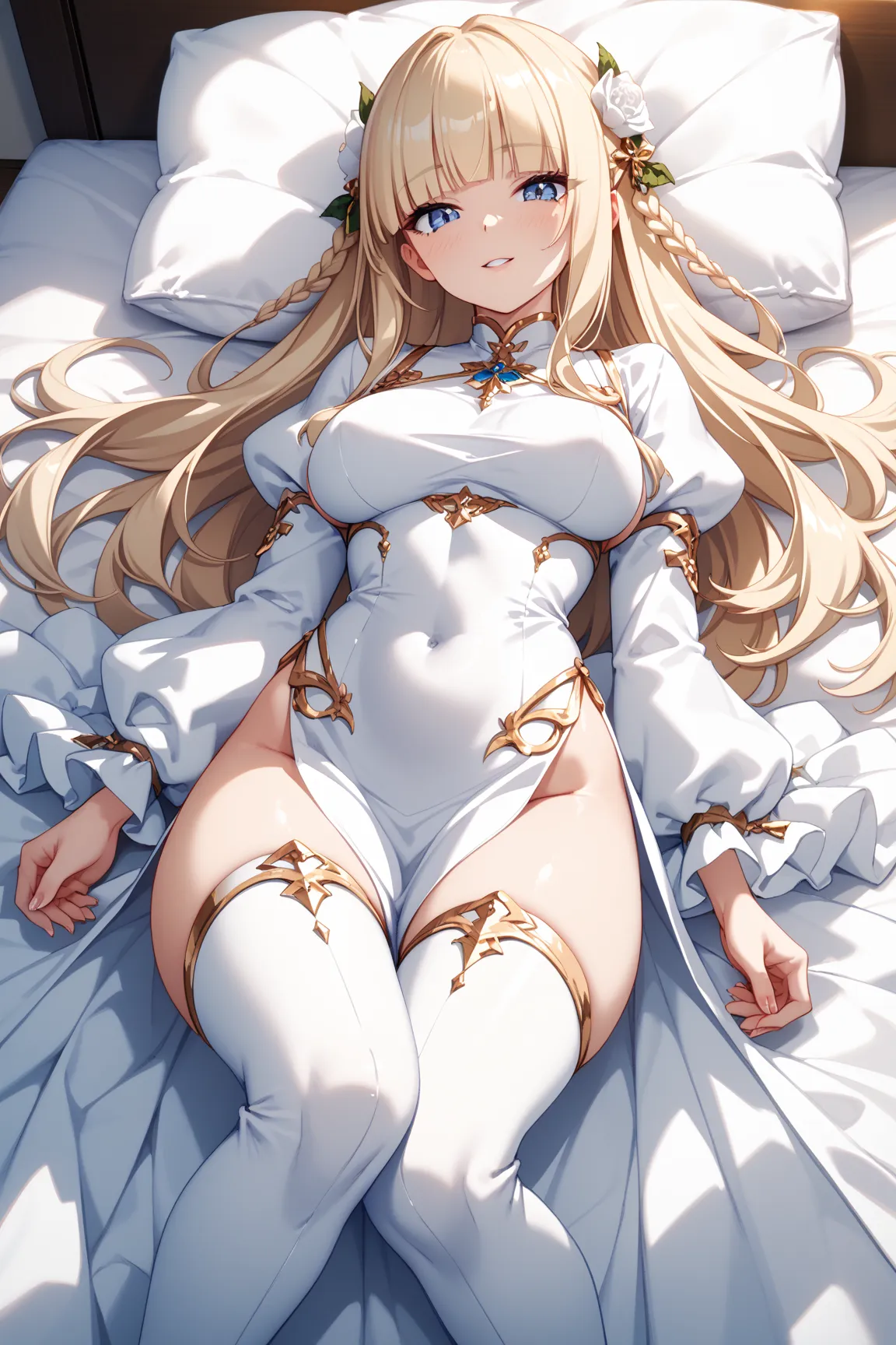 1girl,white long dress with a high slit,right side slit,puff sleeves,hime cut,blue eyes,white thigh high boots with gold line,light blonde long hair,covered navel,lying on the bed,（adult female：1.2）,dynamic angle,game cg,shiny hair,ideal ratio body proport...