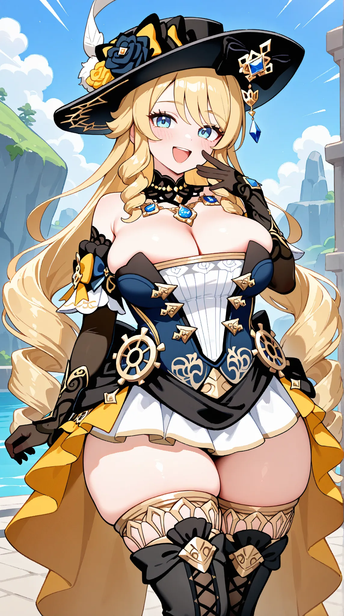  navia (genshin impact), 1girl, solo, long hair, large breasts, looking at viewer, blue eyes, blonde hair,thick thighs, thighhighs, bare shoulders, cowboy shots, sidelocks, detached sleeves, black gloves, black  black headwear, thigh boots, drill hair, gem...