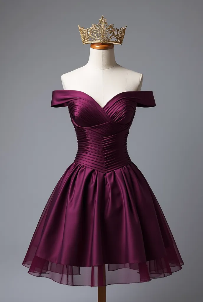 A short crystal dark purple and fold wedding after party dress with a gold tiara on to of mannequin head beautiful and majestic 